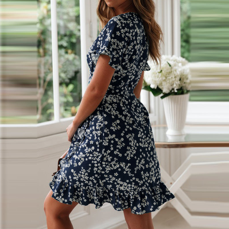 V-neck chiffon A-line short sleeve dress