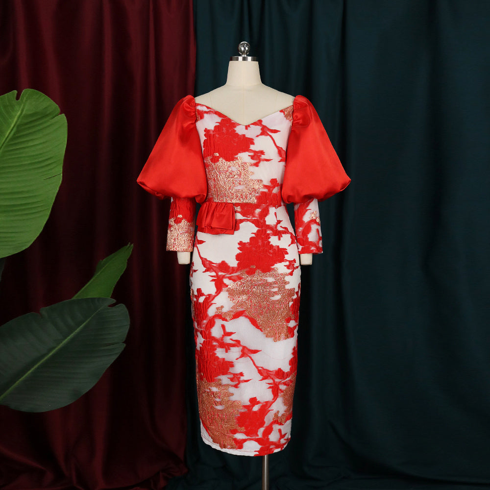 Ladies High Quality Red Print Dress