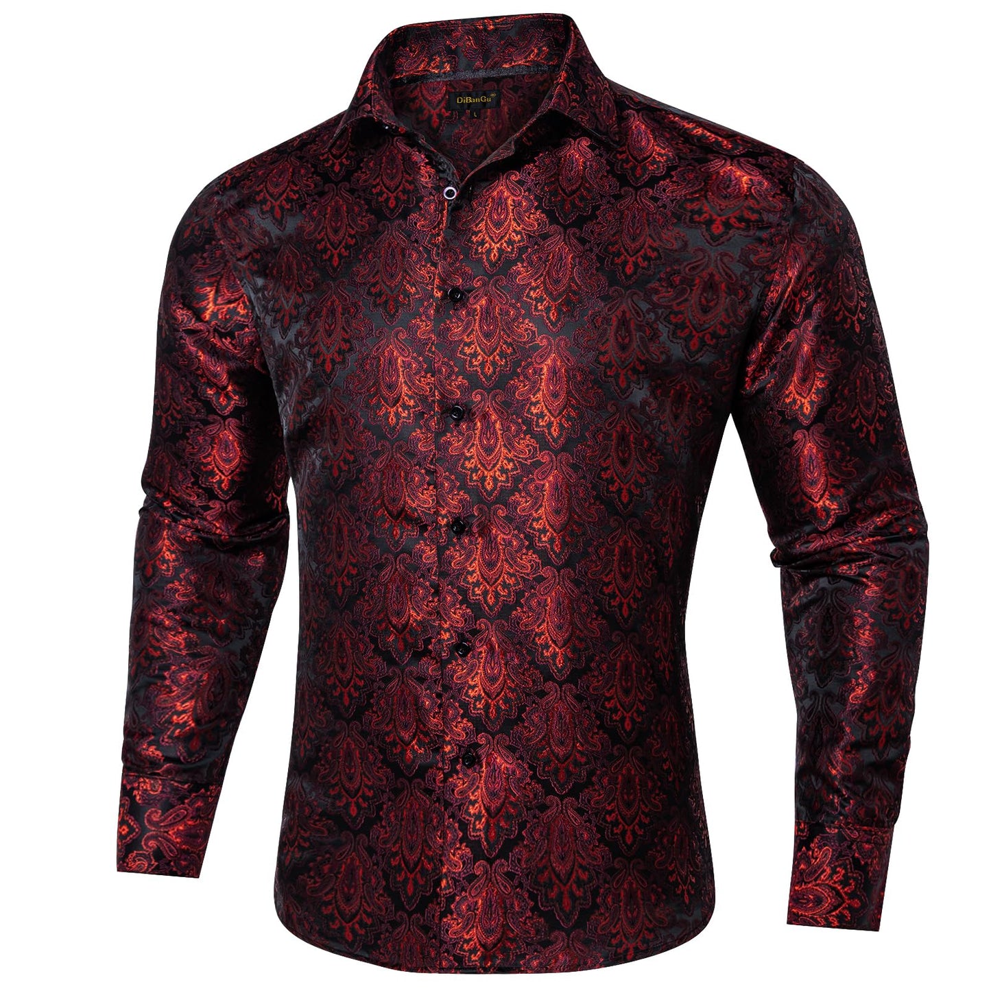 DiBanGu Mens Silk Paisley Dress Shirts,Long Sleeve Button Down Shirt Casual Regular Fit Shirt for Men Wedding Party, Dark Red, Medium