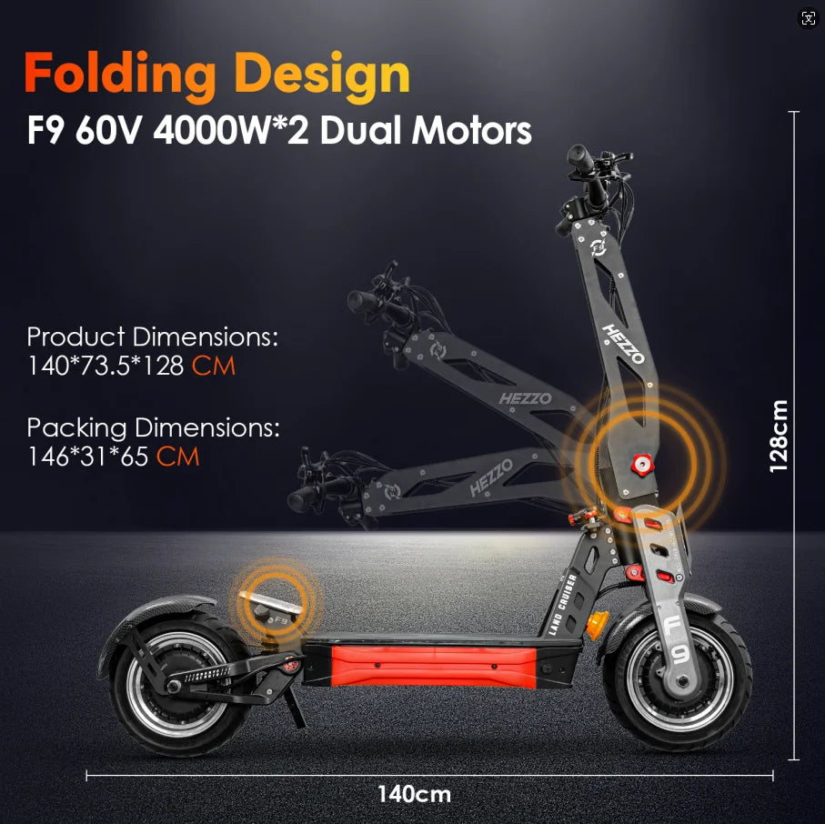 HEZZO 60v 8000w Electric Scooter F9 40ah Lithium Battery Dual Motor US Warehouse NFC Off-Road Escooter 12'' Fat Tire 62.5MPH LCD