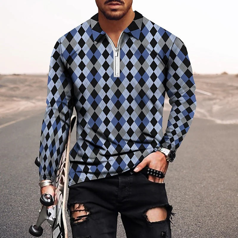 Vintage Print Men's Zip-Up POLO Shirt