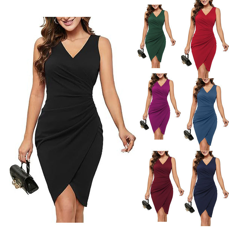 Women's Sexy V-neck Sleeveless Artificial Wrap Pleated Tight Cocktail Party Work