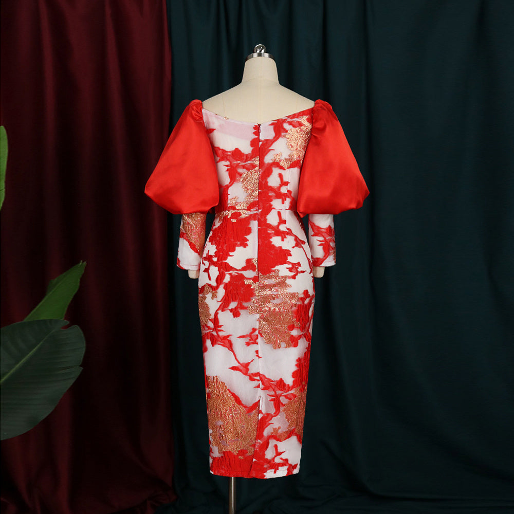 Ladies High Quality Red Print Dress