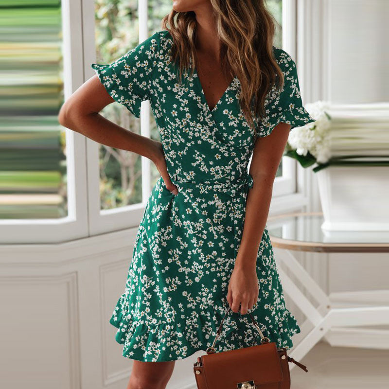 V-neck chiffon A-line short sleeve dress