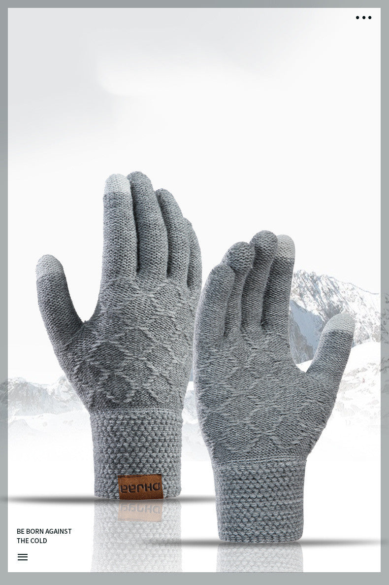 Winter Men's Wool Keep Warm Fleece-lined Finger Touch Screen Knitted Gloves