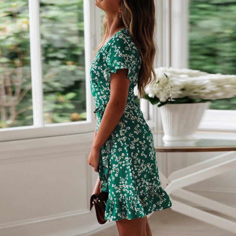 V-neck chiffon A-line short sleeve dress