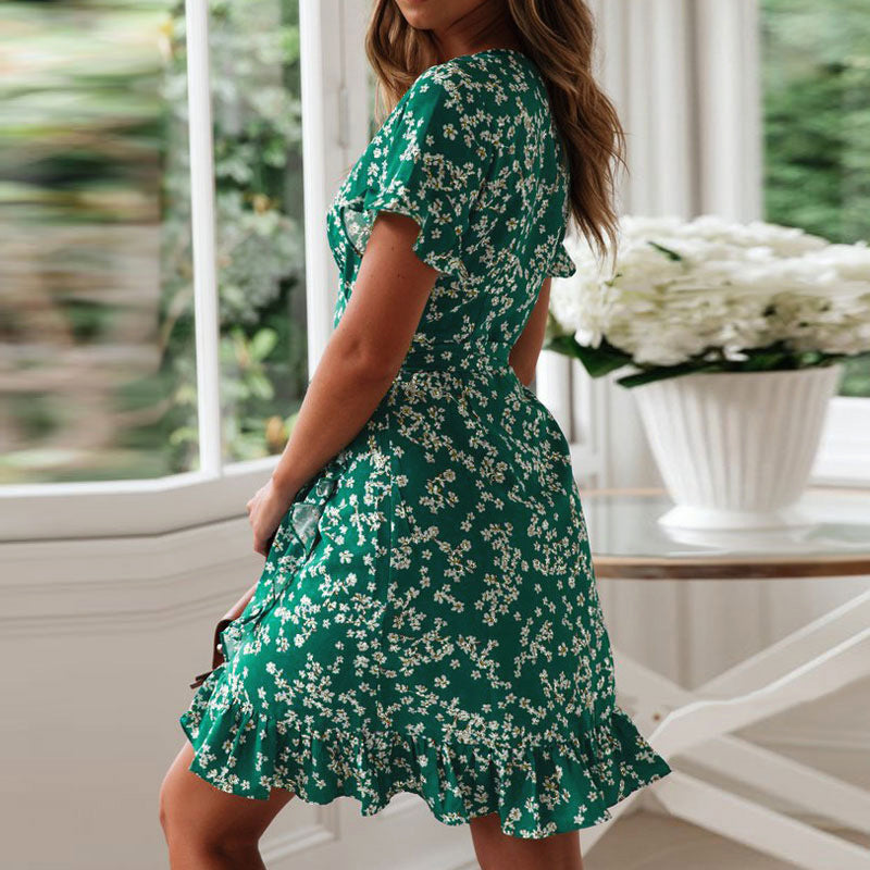V-neck chiffon A-line short sleeve dress