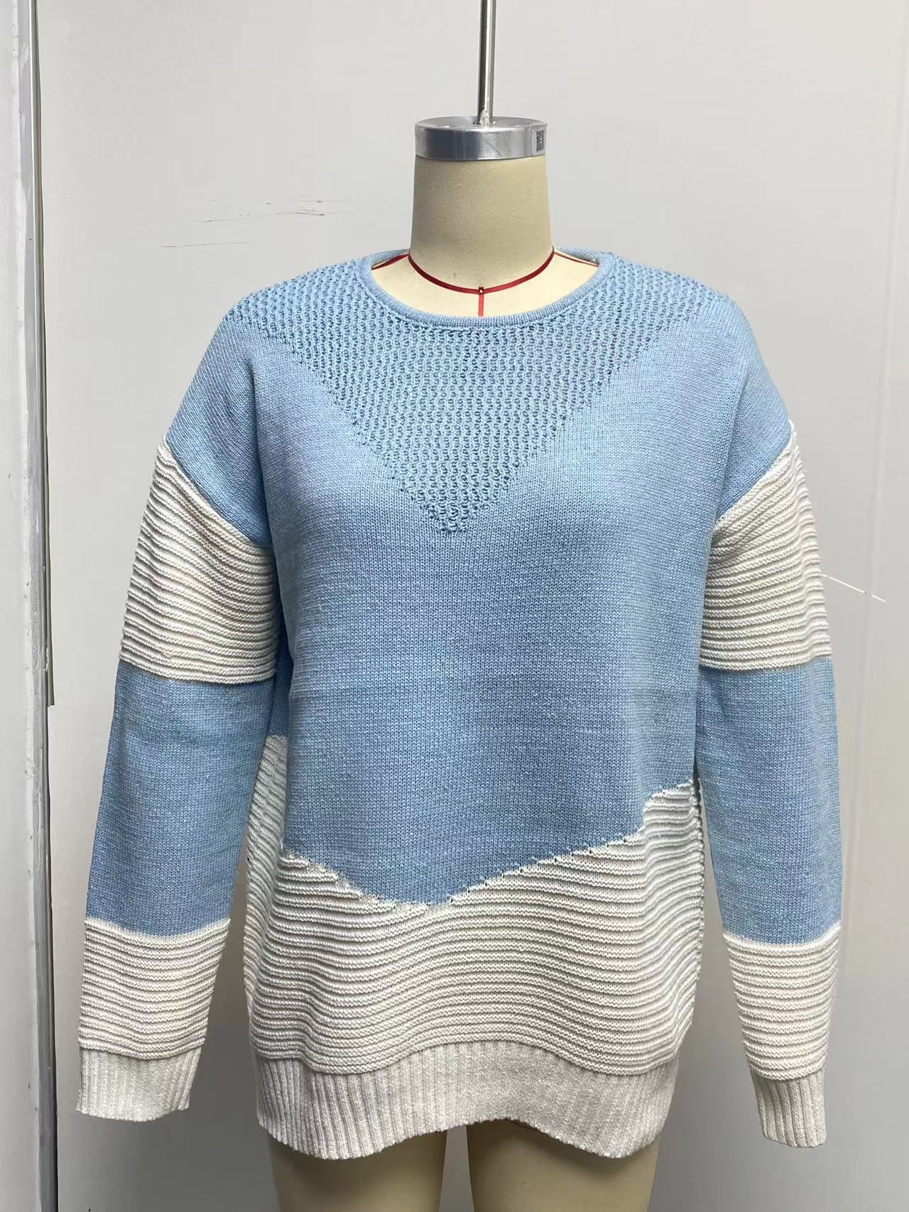 European And American Knitted Top Women's Autumn And Winter Clothing New Round Neck Contrast Color Bottoming Shirt
