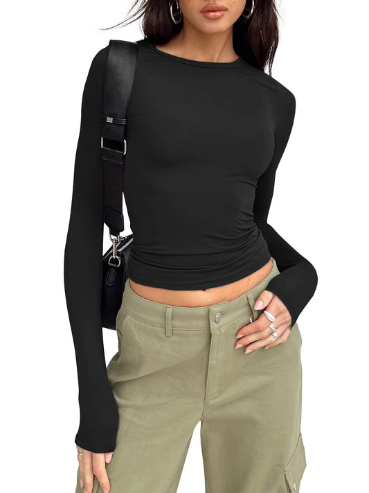 Trendy Queen Long Sleeve Shirts for Women Basic Spring Crop Tops Tees Tight Slim Fit Cute Going Out New Year Outfits Teen Girls Fall Winter Y2k Clothing 2024 Black M