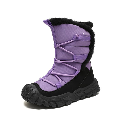 kulebear Boys Girls Wnter Snow Boots Warm Outdoor Hiking Shoes Waterproof Anti-slip Boots BlackPurple 4 Big Kid