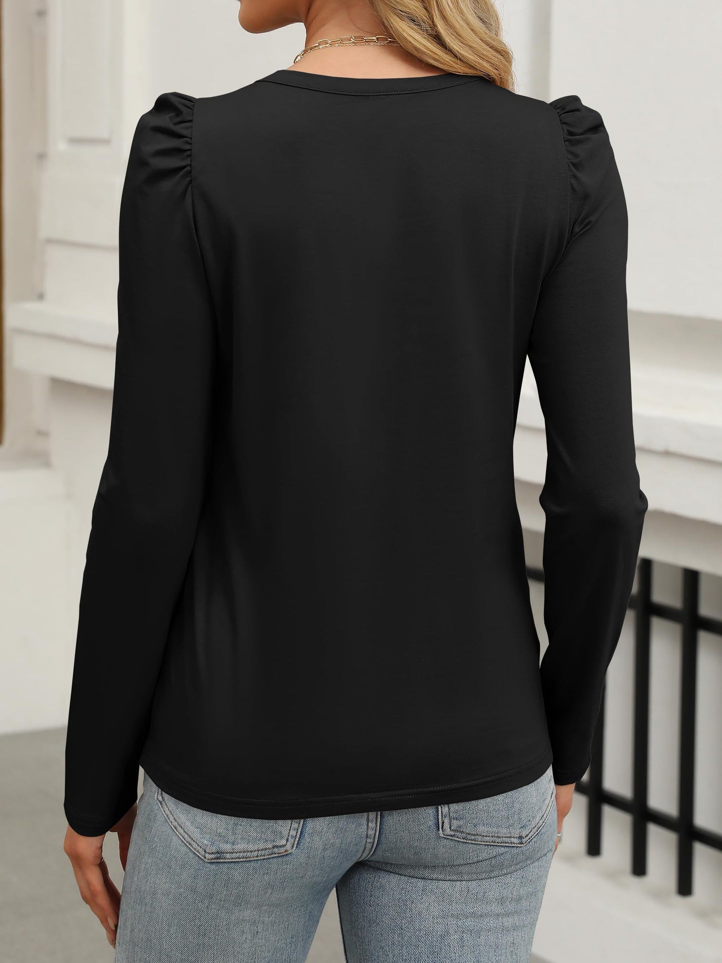 ANRABESS Womens Puff Long Sleeve Shirts Crewneck Fall Tops Basic Dressy Casual Blouses 2024 Trendy Outfits Black X-Large