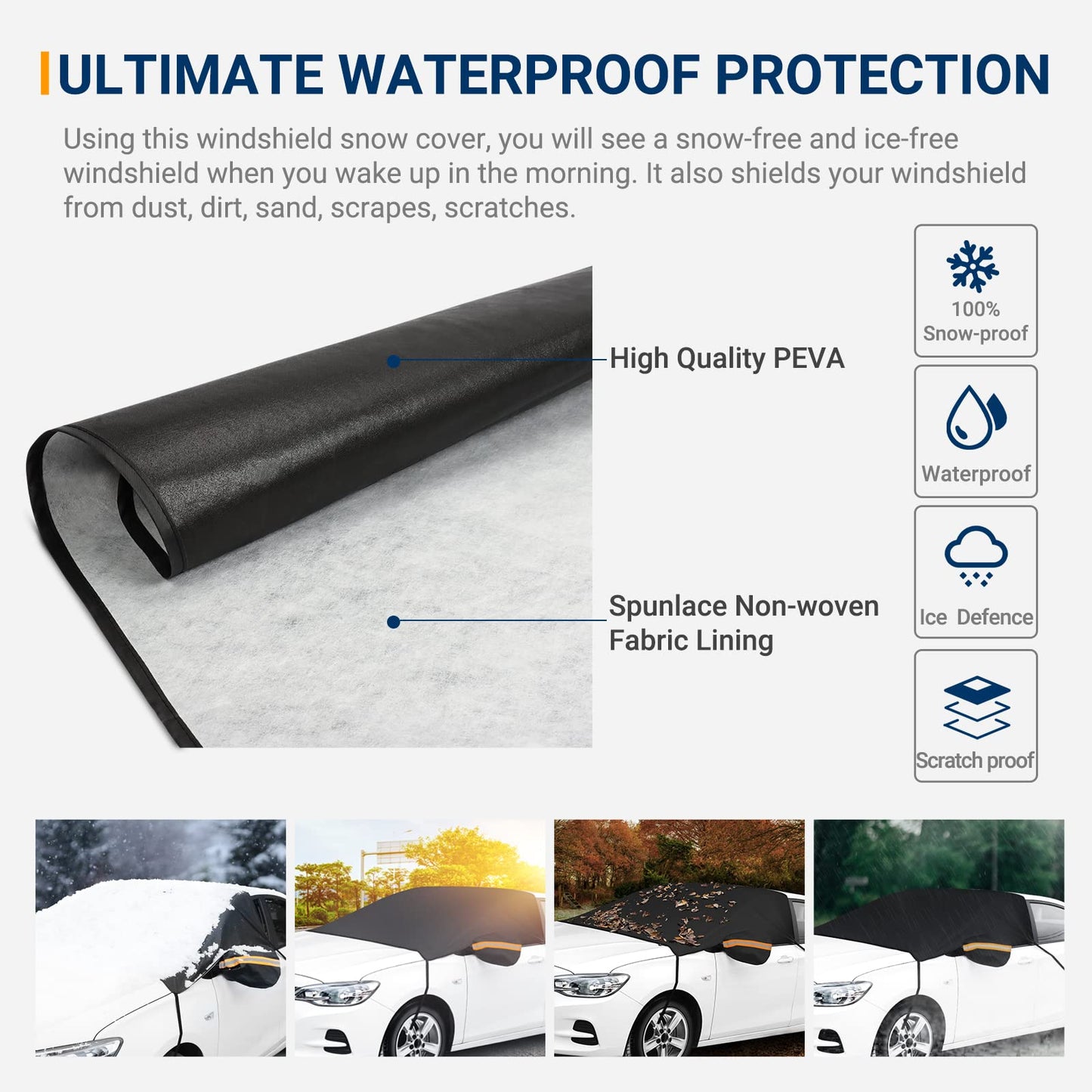 AstroAI Car Windshield Snow Cover, Windshield Cover for ice and Snow, Frost Windshield Cover for Ice, 2*Removal Side Mirror Protector, Windproof UV Sunshade Cover for Cars, SUVs, Vans