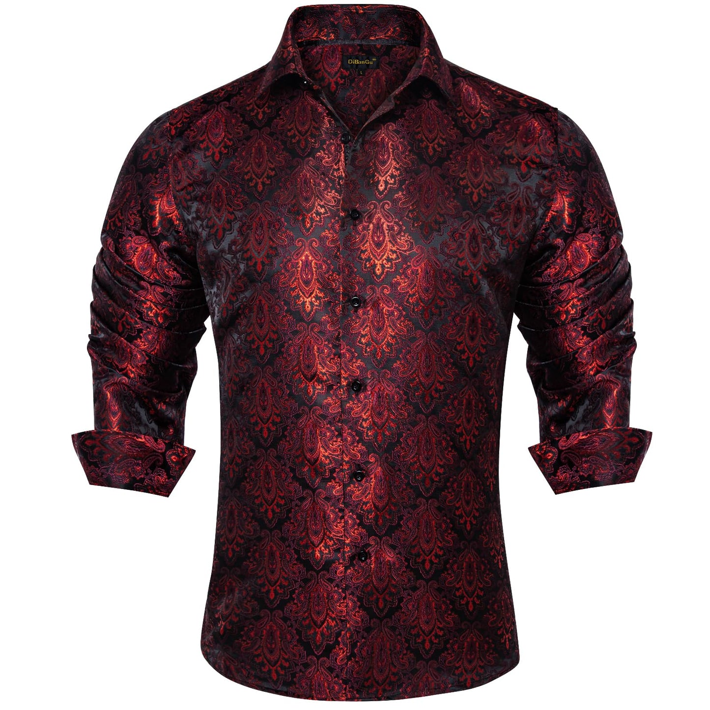DiBanGu Mens Silk Paisley Dress Shirts,Long Sleeve Button Down Shirt Casual Regular Fit Shirt for Men Wedding Party, Dark Red, Medium