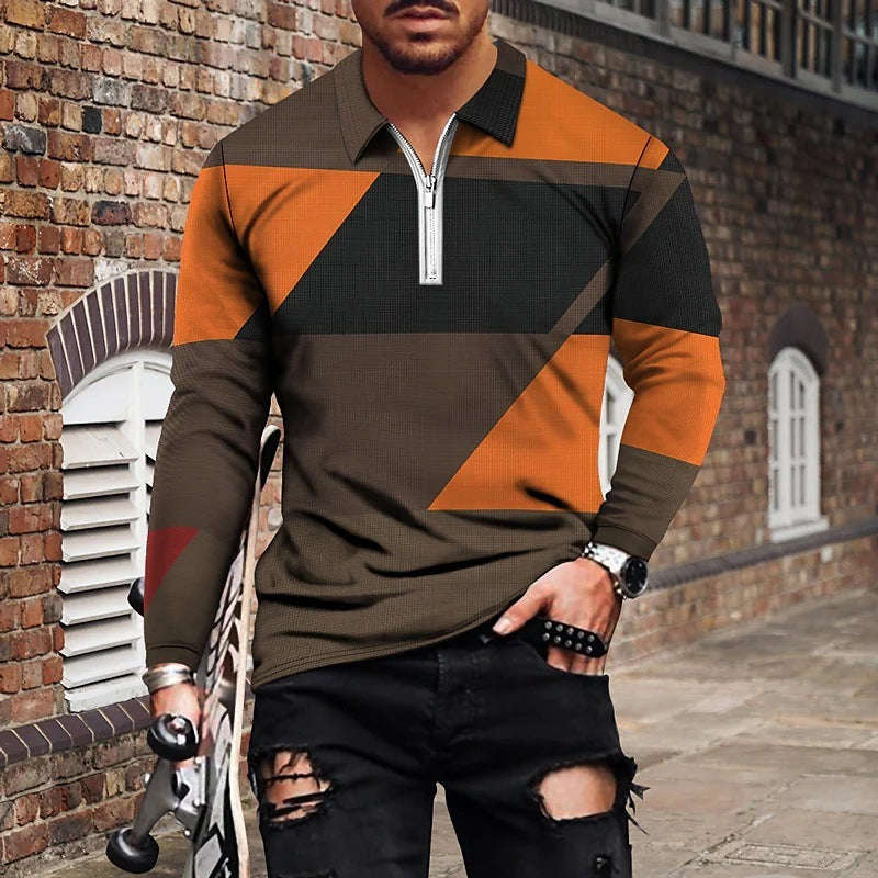 Vintage Print Men's Zip-Up POLO Shirt