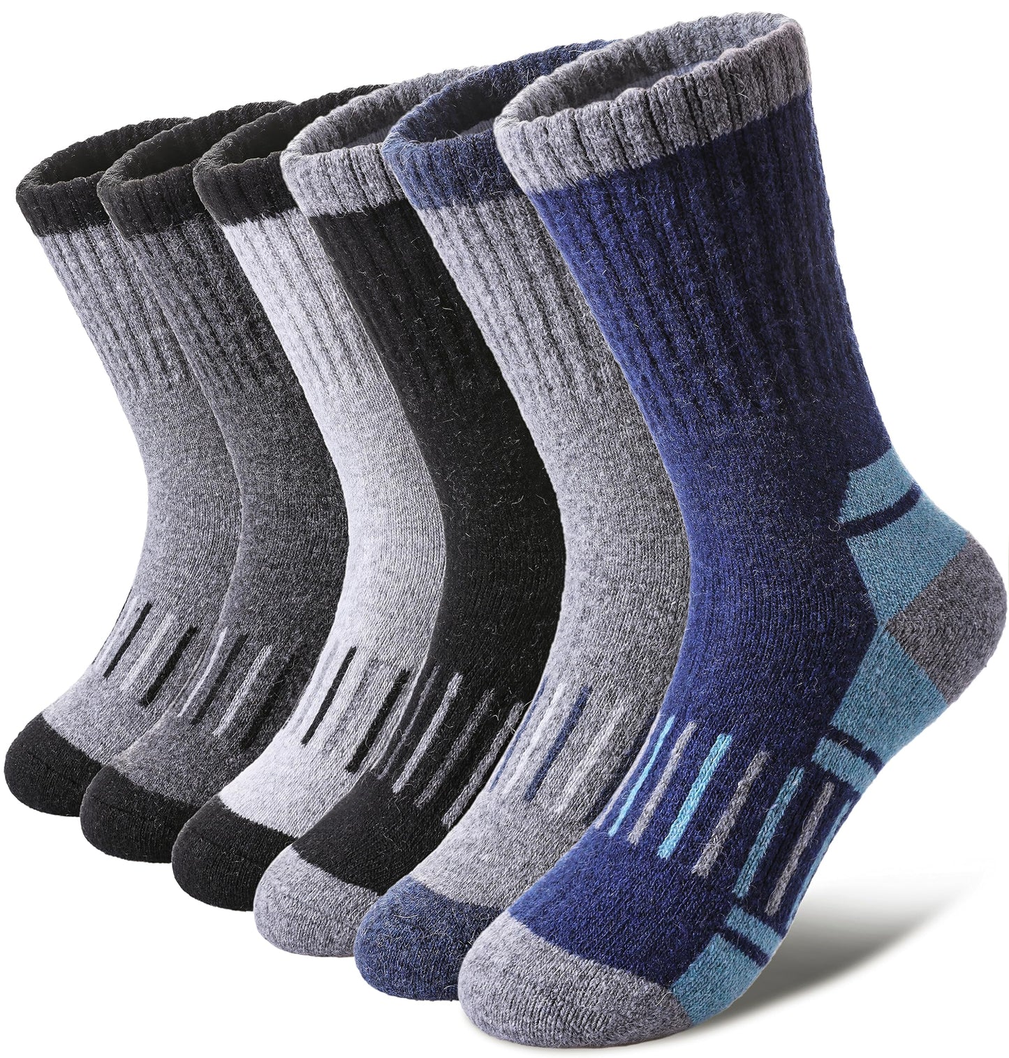 LINEMIN Kids Merino Wool Hiking Socks Toddlers Boys Girls Winter Warm Thick Thermal Boot Cushion Crew Socks 6 Pairs (8-12 Years, Mix Color Hiking Socks)