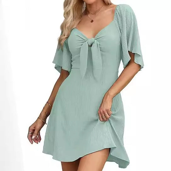 Women's V-neck Bow Tie Short Sleeve Dress