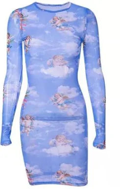 Blue Angel Print O-Neck Long Sleeve Mini Dress