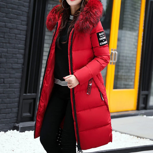 Women's Parkas Coat British Style 2024 New Fur Collar Thickened High Quality Cotton Jacket Long Women Clothing Autumn Winter Red