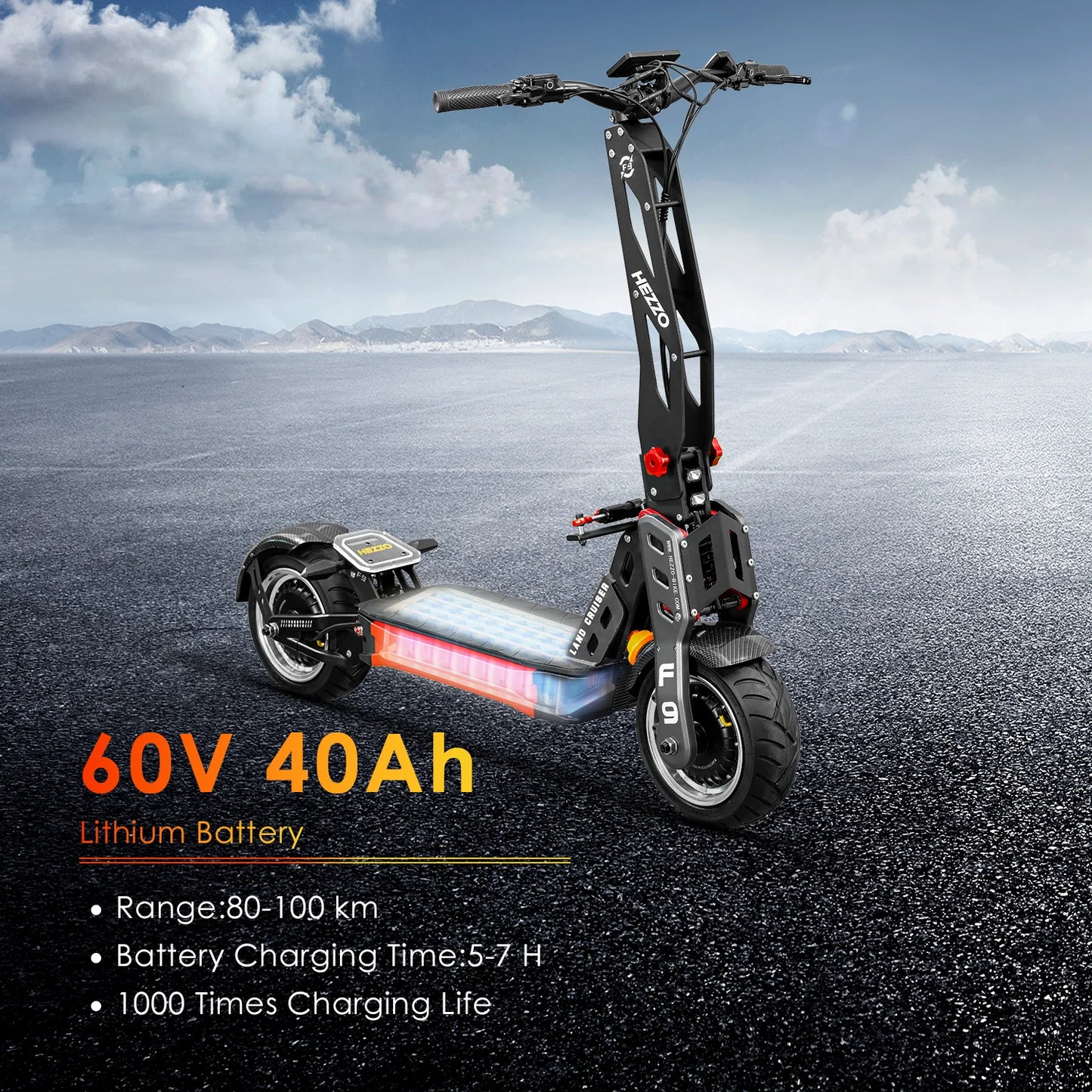 HEZZO 60v 8000w Electric Scooter F9 40ah Lithium Battery Dual Motor US Warehouse NFC Off-Road Escooter 12'' Fat Tire 62.5MPH LCD