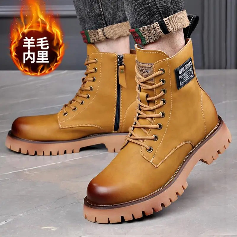 Wool Integrated American Retro Cowboy Boots for Men with Plush Insulation Big Yellow Genuine Leather Anti Slip  High-end Feel