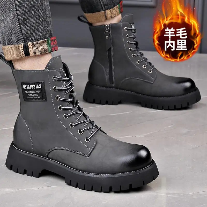 Wool Integrated American Retro Cowboy Boots for Men with Plush Insulation Big Yellow Genuine Leather Anti Slip  High-end Feel