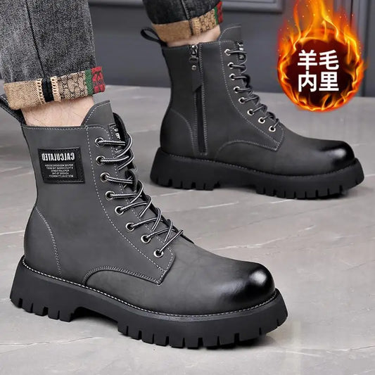 Wool Integrated American Retro Cowboy Boots for Men with Plush Insulation Big Yellow Genuine Leather Anti Slip  High-end Feel