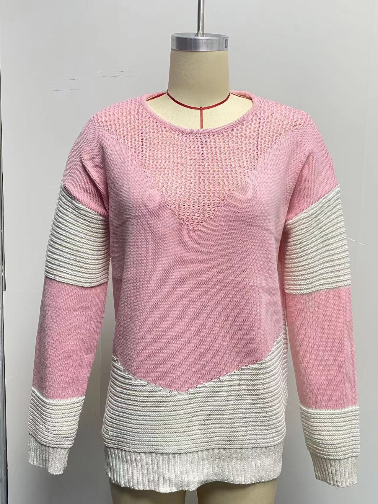 European And American Knitted Top Women's Autumn And Winter Clothing New Round Neck Contrast Color Bottoming Shirt