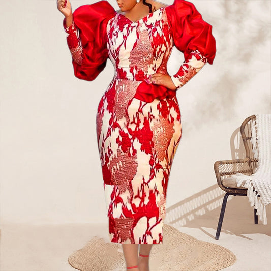 Ladies High Quality Red Print Dress